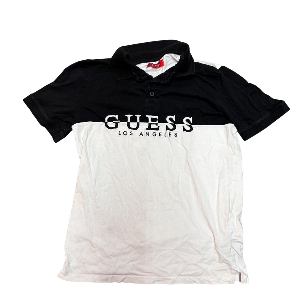 Guess Los Angeles Mens Black White Colorblock Embroidered Logo Polo Shirt Small